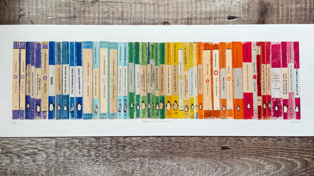 Hand-drawn giclee print illustration of Penguin and Pelican paperback book spines side by side.