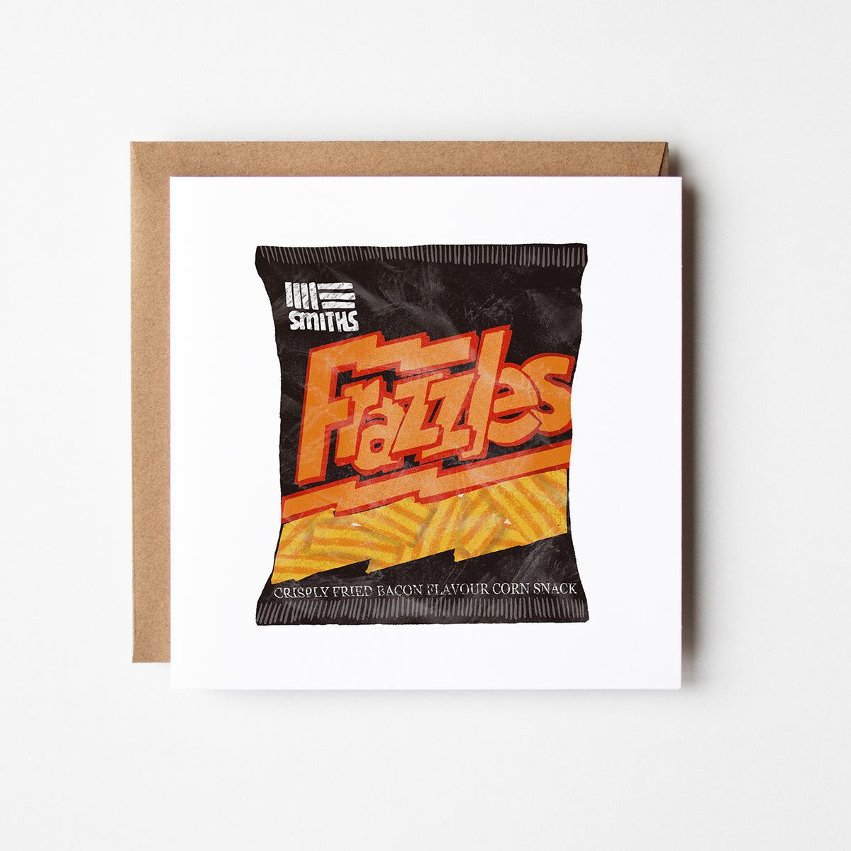 Illustrated greetings card featuring a packet of Smith's Frazzles, blank inside.
