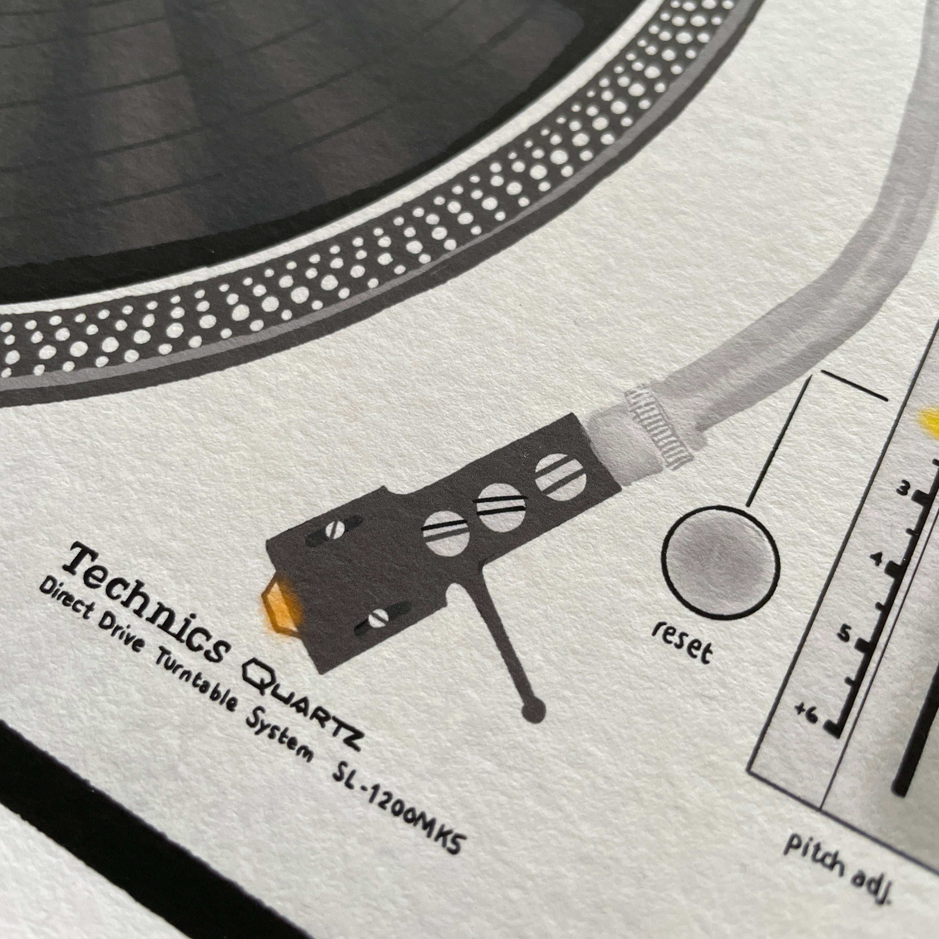 Giclee print illustration of a Technics SL-1200MK2 turntable and vinyl record with a Louis Armstrong quote.