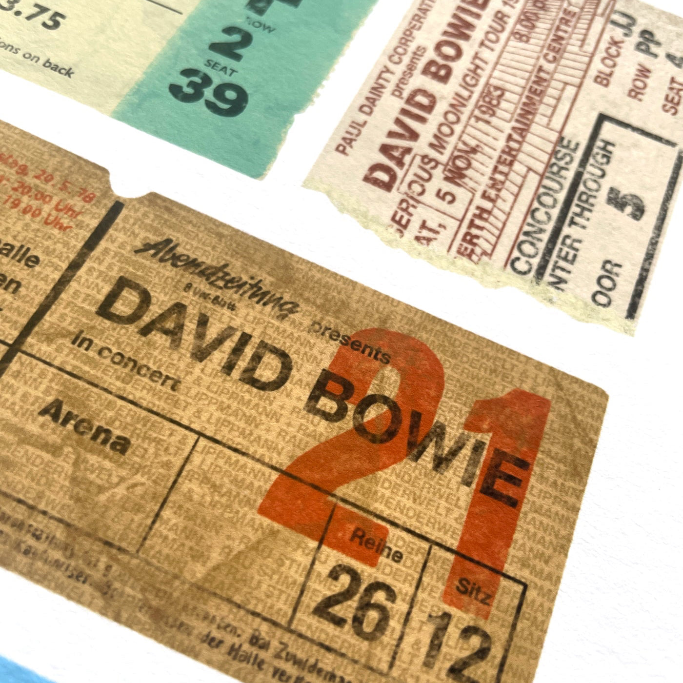 Giclee print illustration of vintage David Bowie concert tickets.