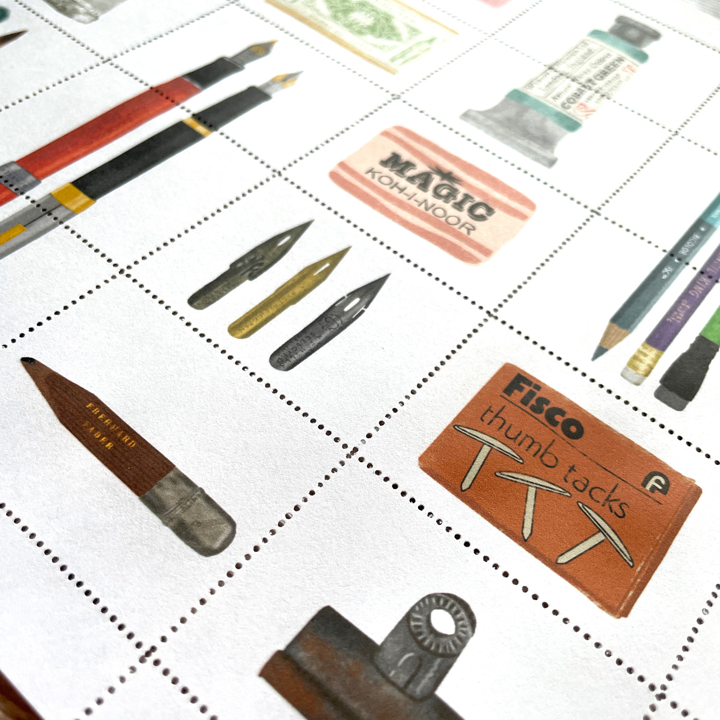 Sheet of decorative stamps illustrating stationery items including pens, brushes, and washi tape.