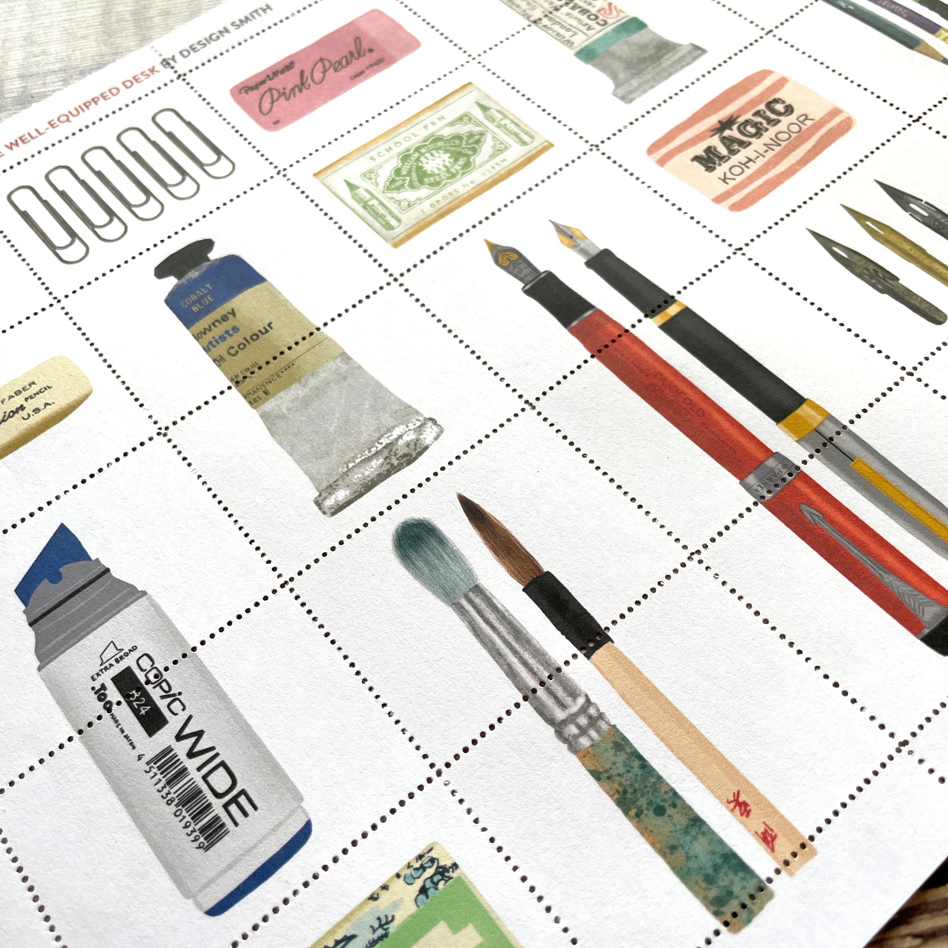 Sheet of decorative stamps illustrating stationery items including pens, brushes, and washi tape.