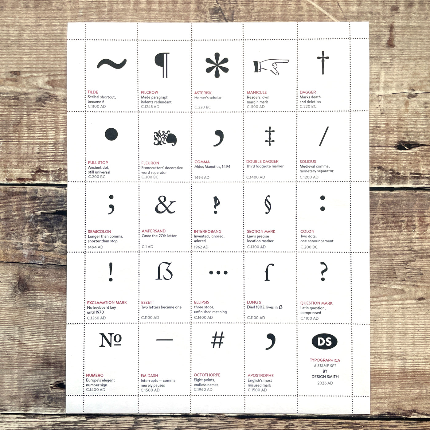 Sheet of thirty decorative typographic mark stamps, hand-perforated and gummed.