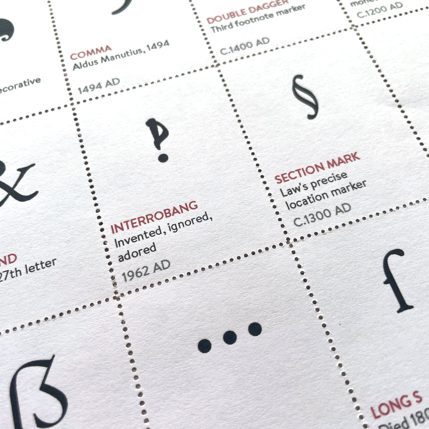 Sheet of thirty decorative typographic mark stamps, hand-perforated and gummed.