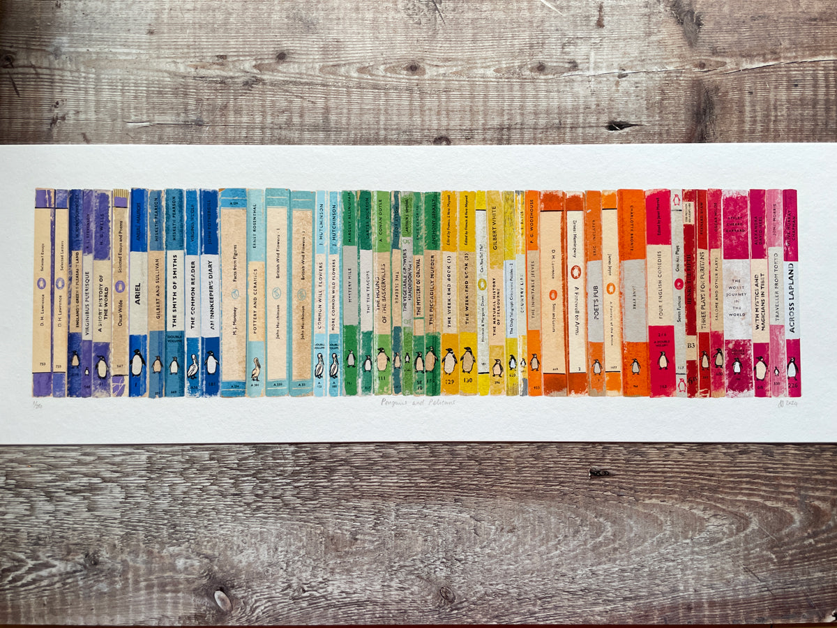 Hand-drawn giclee print illustration of Penguin and Pelican paperback book spines side by side.