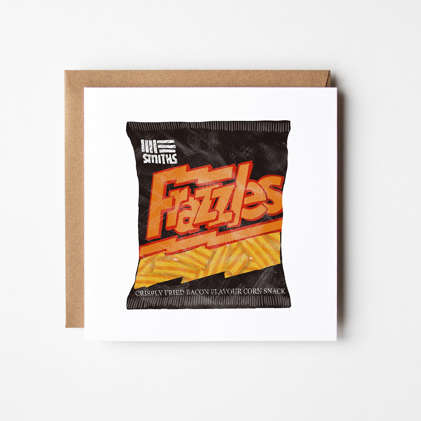 Illustrated greetings card featuring a packet of Smith's Frazzles, blank inside.