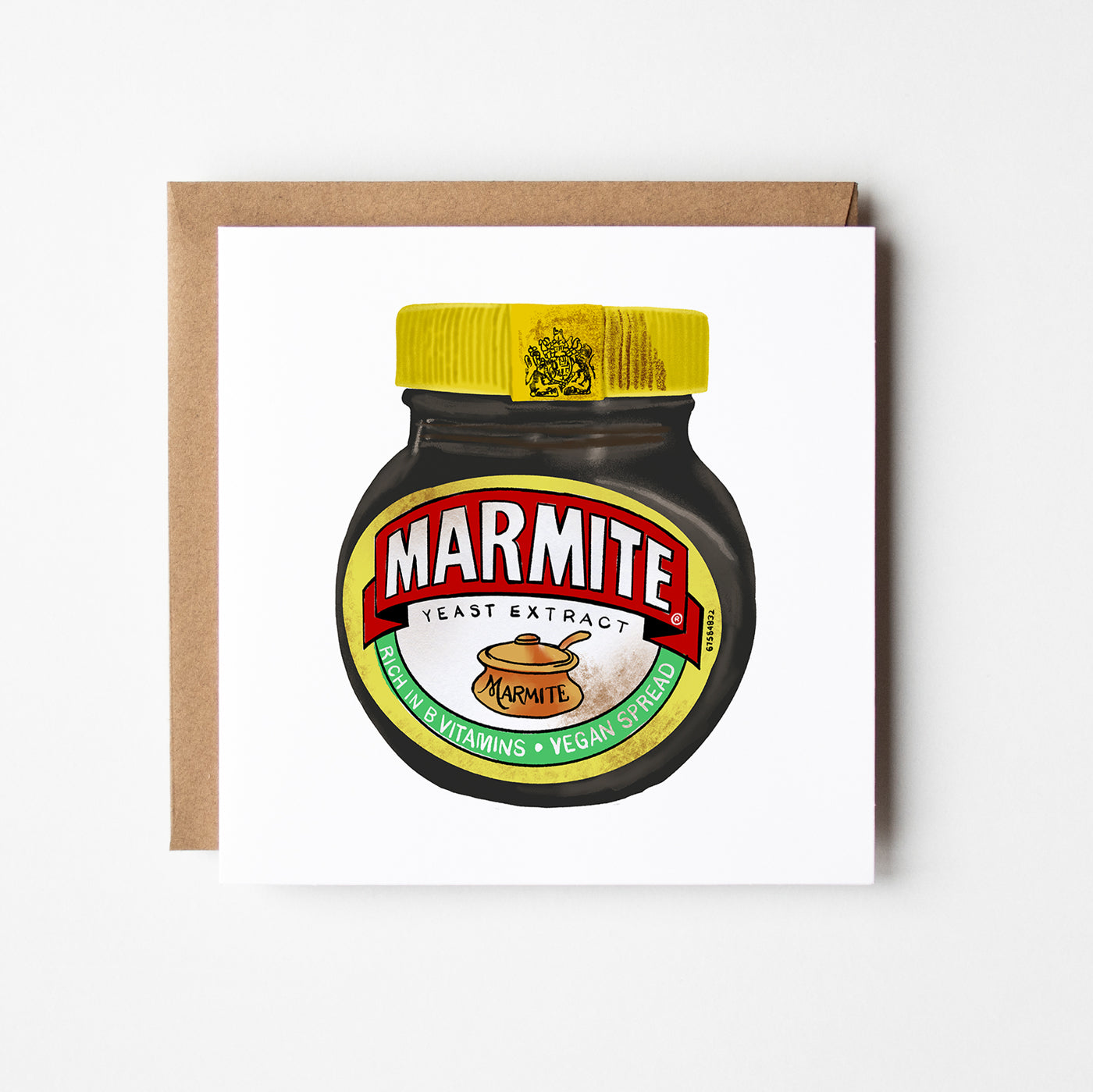 Illustrated greetings card featuring a jar of Marmite, blank inside.