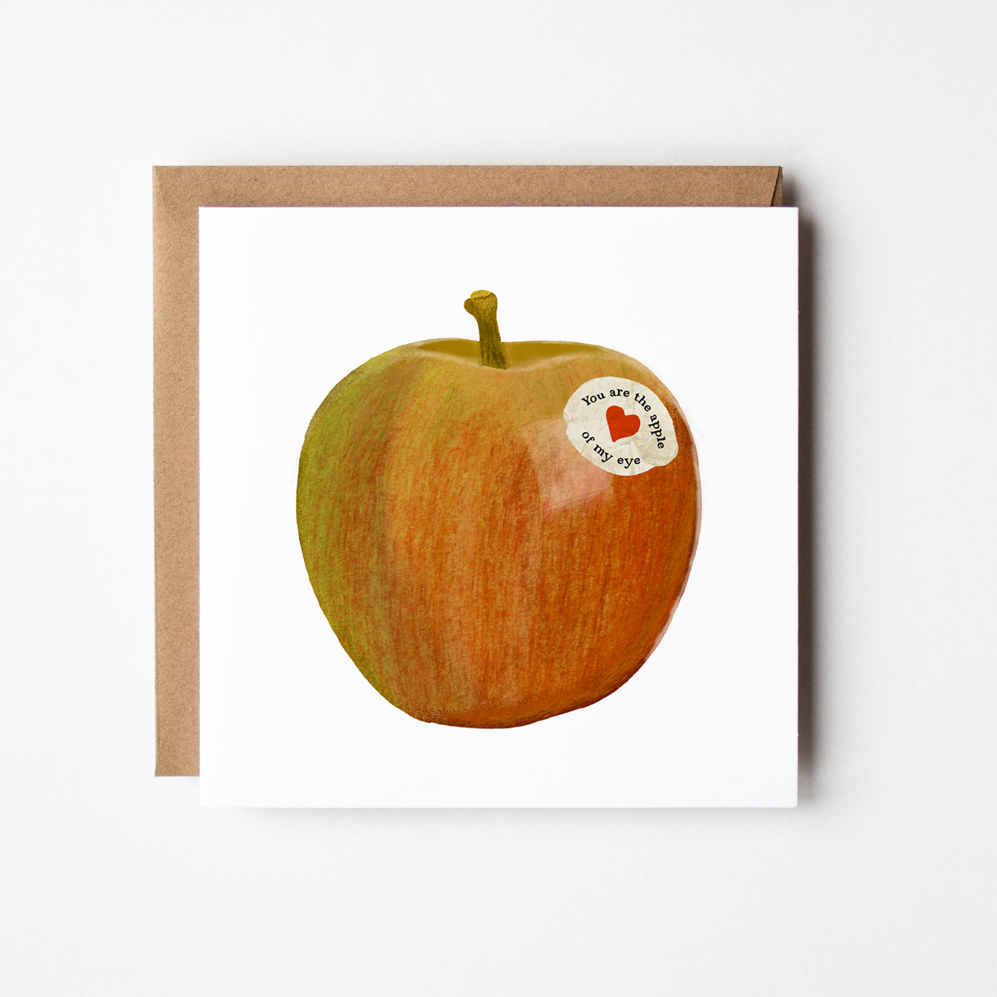 Illustrated greetings card featuring an apple with the words you are the apple of my eye, blank inside.