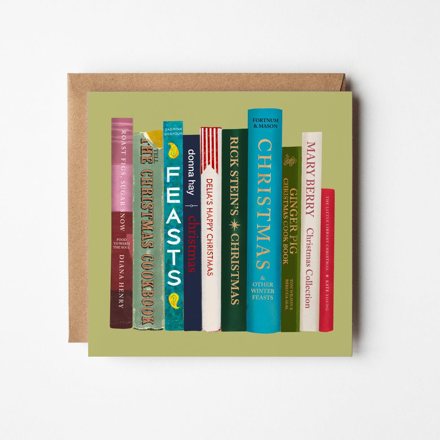 Illustrated Christmas card featuring festive cookbook spines, blank inside.