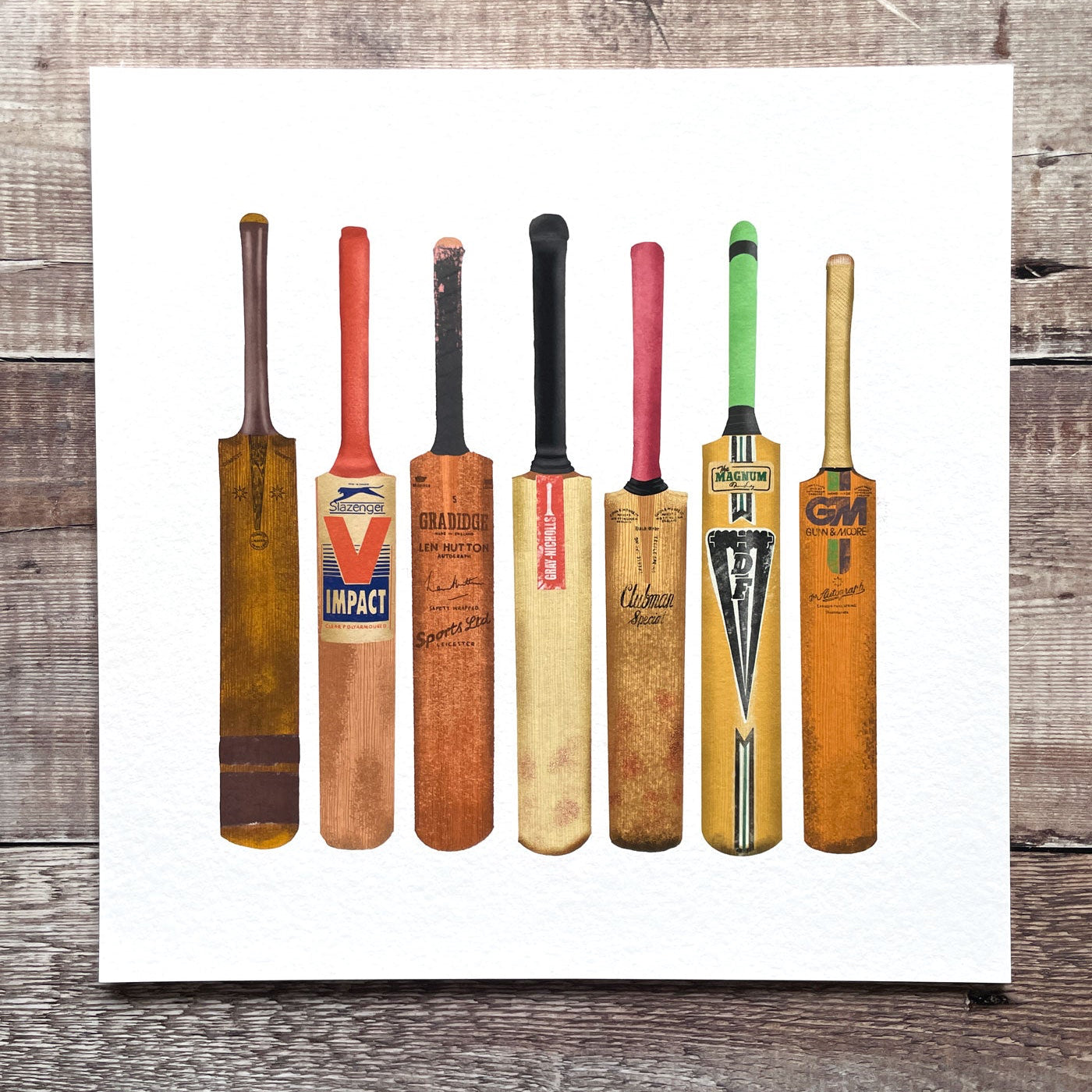 Giclee print illustration of a line-up of vintage-style cricket bats.