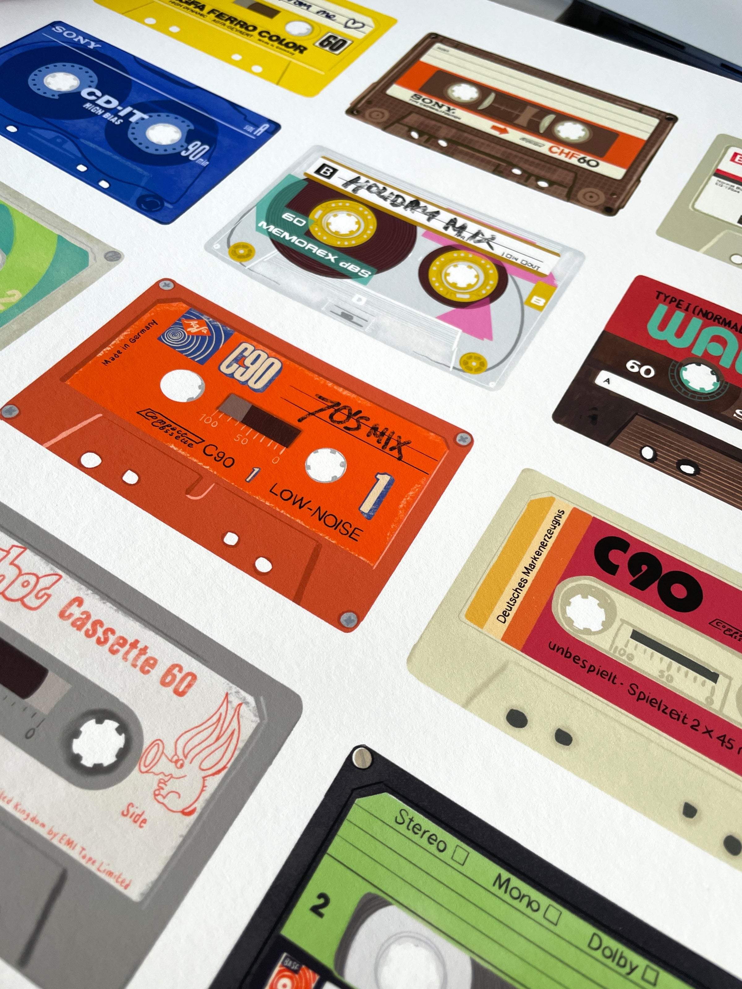Giclee print illustration of vintage cassette tapes from Sony, TDK, AGFA, and BASF.