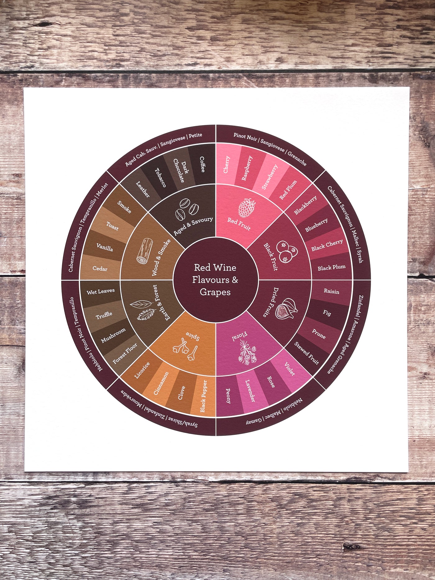 Red wine flavour wheel art print showing fruit, floral, spice, earth and savoury tasting notes