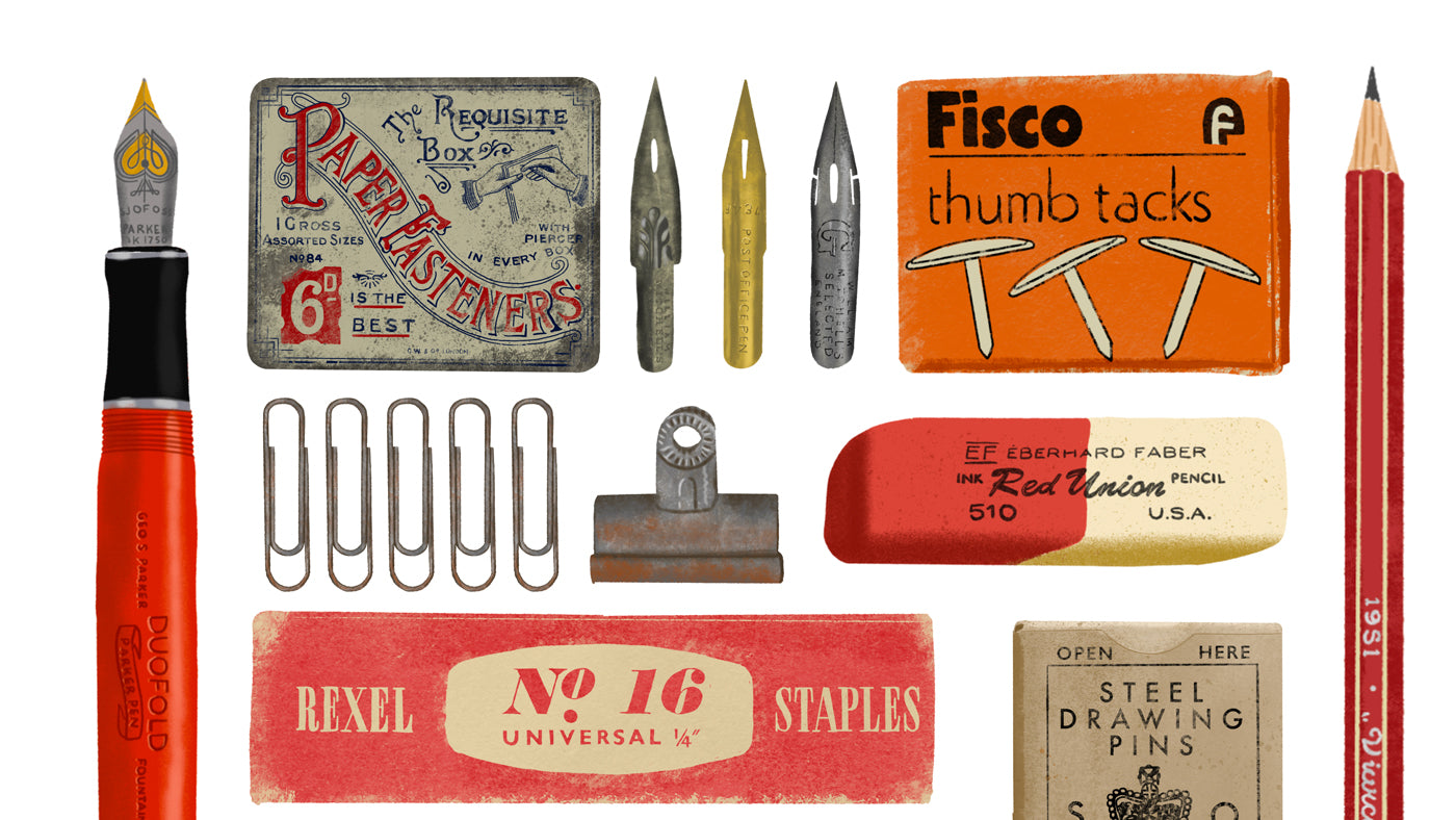 A curated collection of vintage office supplies including a red fountain pen, paperclips, a binder clip, Fisco thumb tacks, Rexel No. 16 Universal Staples, paper fasteners, and drawing pins on a white background.
