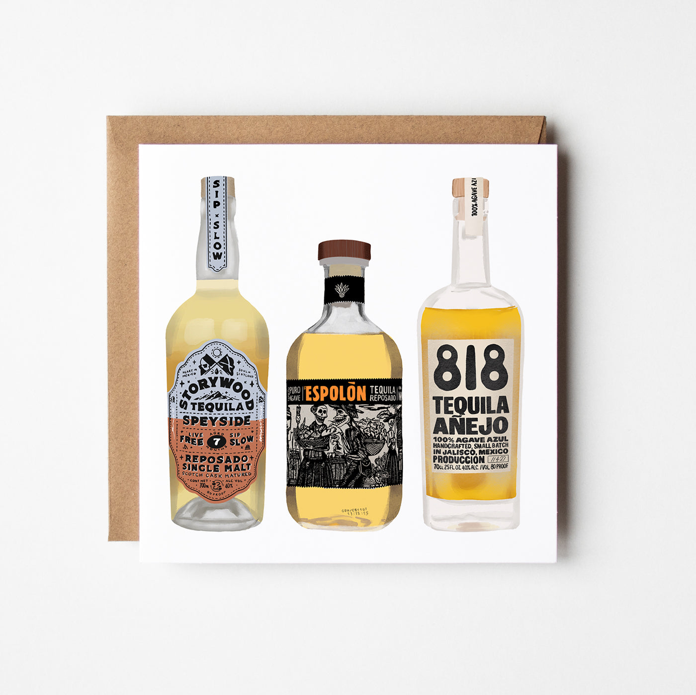 Illustrated greetings card featuring three bottles of tequila, blank inside.