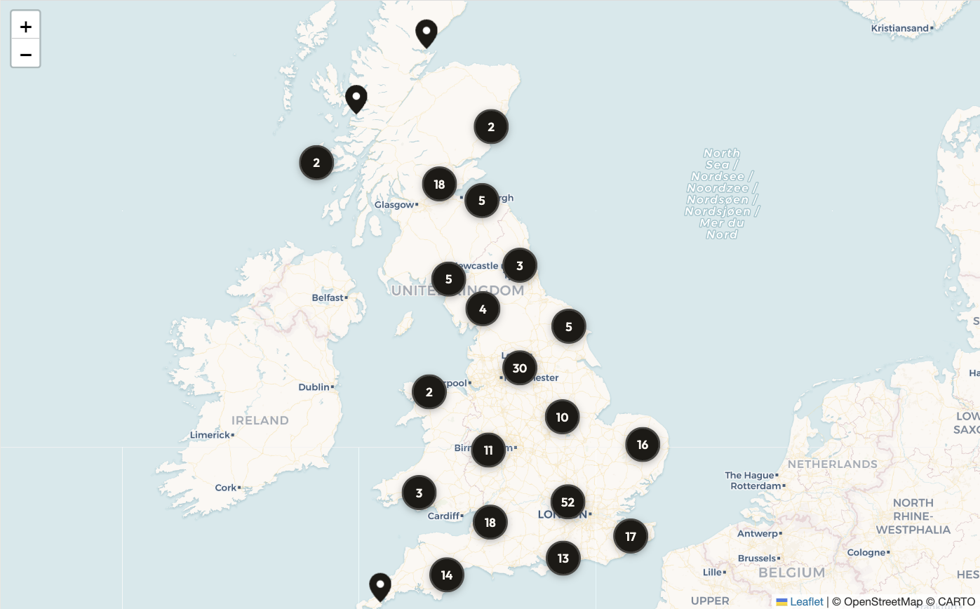 Map of the UK showing Design Smith stockist locations